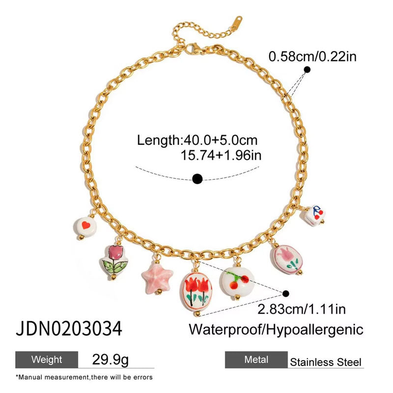 Trendy Anti Tarnish Gold Necklace 18k Real Stainless Steel Ceramic Heart Zircon Pearl Pendant Necklace for Women Girls