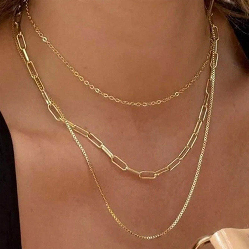 Fashion Anti Tarnish Gold Necklace 18k Real Paper Clip Necklace Three Layers Stainless Steel Necklace for Women Girls