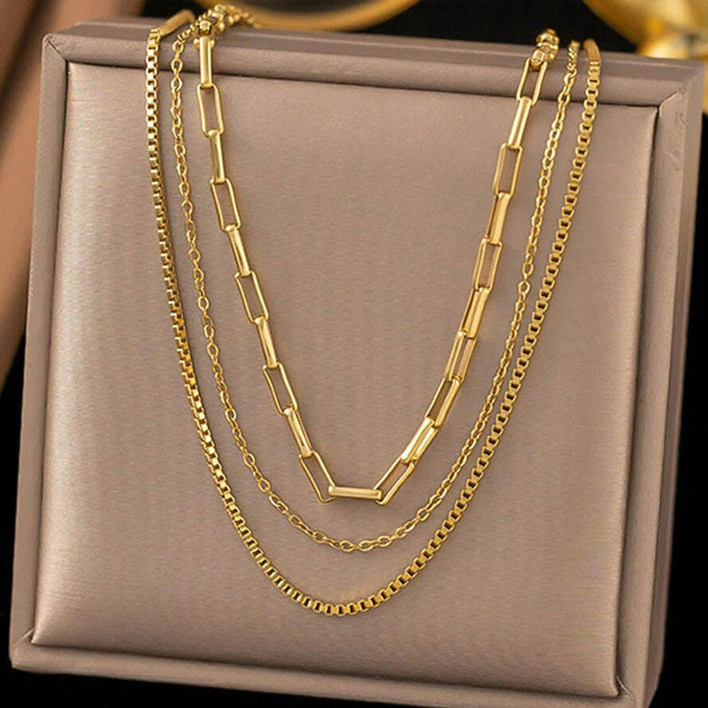 Fashion Anti Tarnish Gold Necklace 18k Real Paper Clip Necklace Three Layers Stainless Steel Necklace for Women Girls