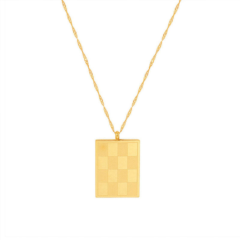 Vintage Anti Tarnish Custom Gold Necklace 18k Real Checkerboard Pattern Stainless Steel Pendant Necklaces for Women Girls