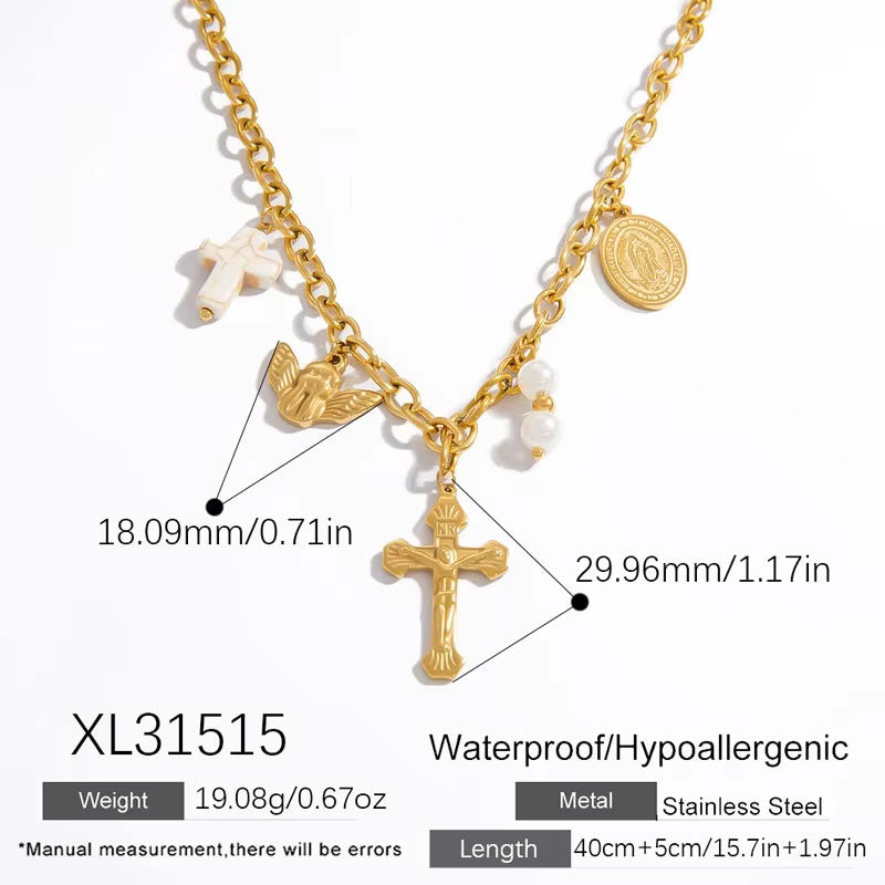 Anti Tarnish 18K Solid Gold Pearl Stainless Stain Cross Pendant Necklace Catholic Religious Items Products for Women Girls