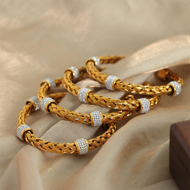 Non Tarnish 18k Gold Plated Woven Hollow Design Open Bracelet Cubic Zirconia Stainless Steel Cuff Bracelet Pulseras Y Brazaletes