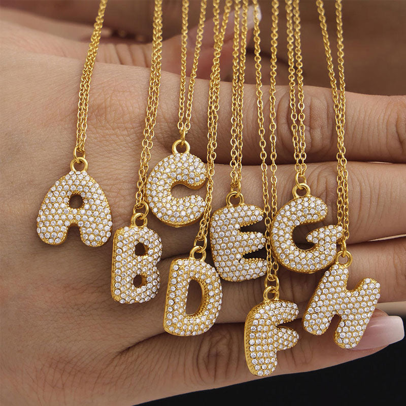 26 Letter Exaggerated Zircon Pendant Necklace Luxury PVD 18K Gold Plated 316L Stainless Steel Bubble Letter Charms Necklaces