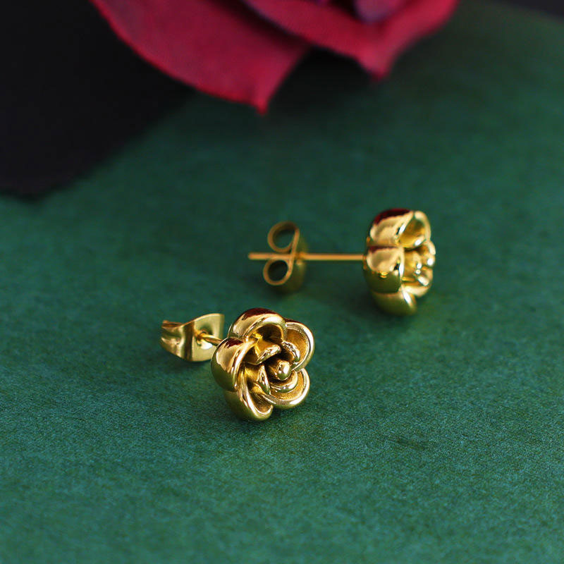 2025 New Design Wholesale Hypoallergenic Waterproof Stainless Steel PVD 18K Gold Plated Studs Rose Flower Earrings