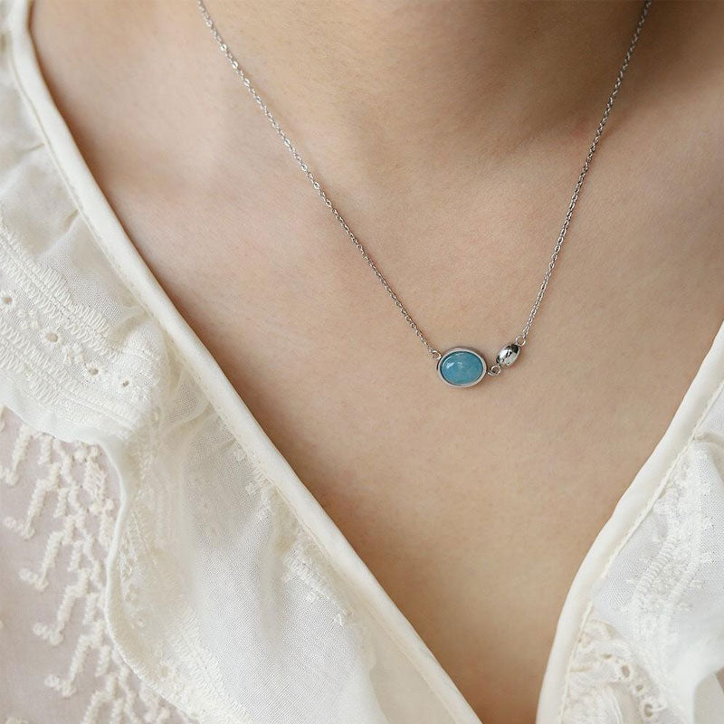 2025 New Fashionable and Elegant Stainless Steel Oval Blue Crystal Stone Necklace Women's Gift