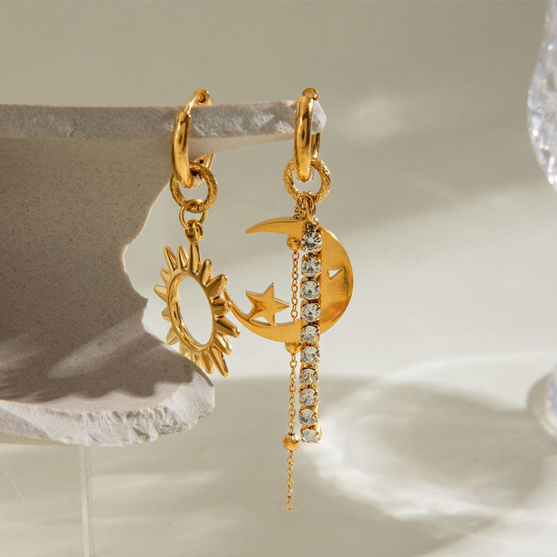 18K Fashionable Gold-plated Tassel Earrings with Geometric Shapes European and American Stainless Steel Star Moon Sun Earrings