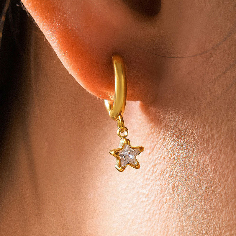 18K Gold Plated Classic Five-Pointed Star Earrings Fashion Jewelry Colorful Glass Diamond Stainless Steel Piercing Earrings