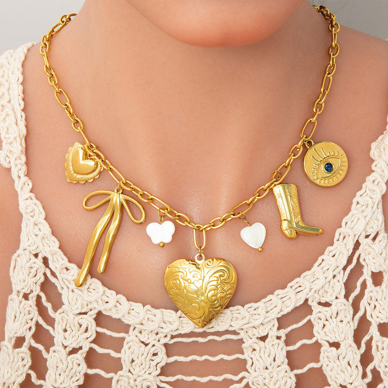 Women's Stainless Steel Necklace Heart-Shaped Pendant Handmade DIY Butterfly Shell Collarbone Chain Gold Romantic Necklace Boot