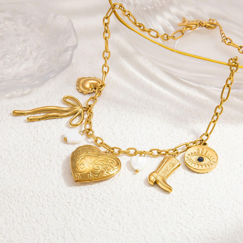 Women's Stainless Steel Necklace Heart-Shaped Pendant Handmade DIY Butterfly Shell Collarbone Chain Gold Romantic Necklace Boot