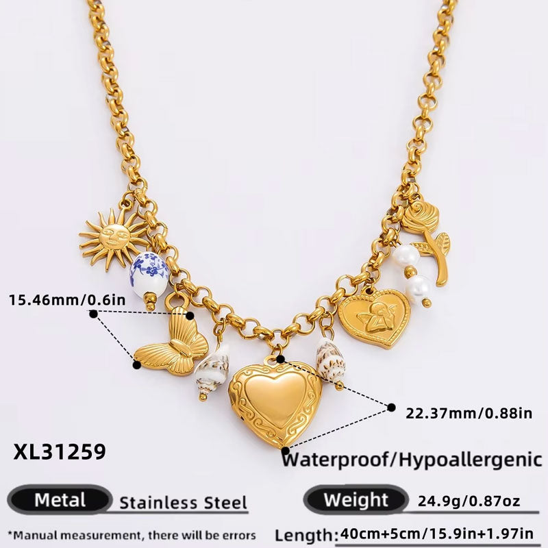 Women's Stainless Steel Necklace Heart-Shaped Pendant Handmade DIY Butterfly Shell Collarbone Chain Gold Romantic Necklace Boot