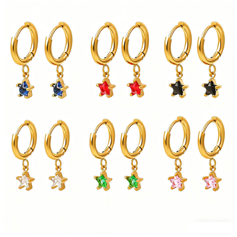 18K Gold Plated Classic Five-Pointed Star Earrings Fashion Jewelry Colorful Glass Diamond Stainless Steel Piercing Earrings