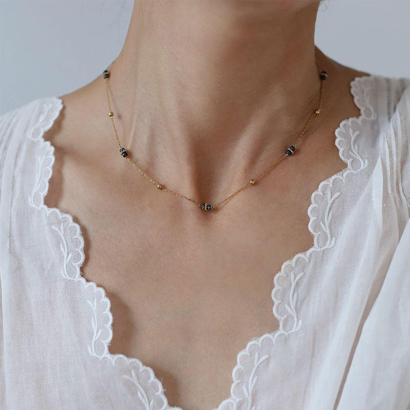 Fashion Classic Necklace 18K Gold Plated Small Round Chain Gemstone Glass Bead Necklace Women's Bracelet Fashion Set