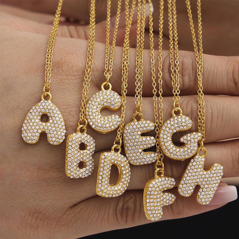 26 Letter Exaggerated Zircon Pendant Necklace Luxury PVD 18K Gold Plated 316L Stainless Steel Bubble Letter Charms Necklaces