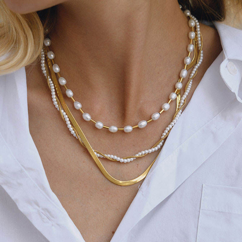 Trendy No Fading Stainless Steel 14k 18k Real Gold Solid Gold Pearl Chain Necklace for Women