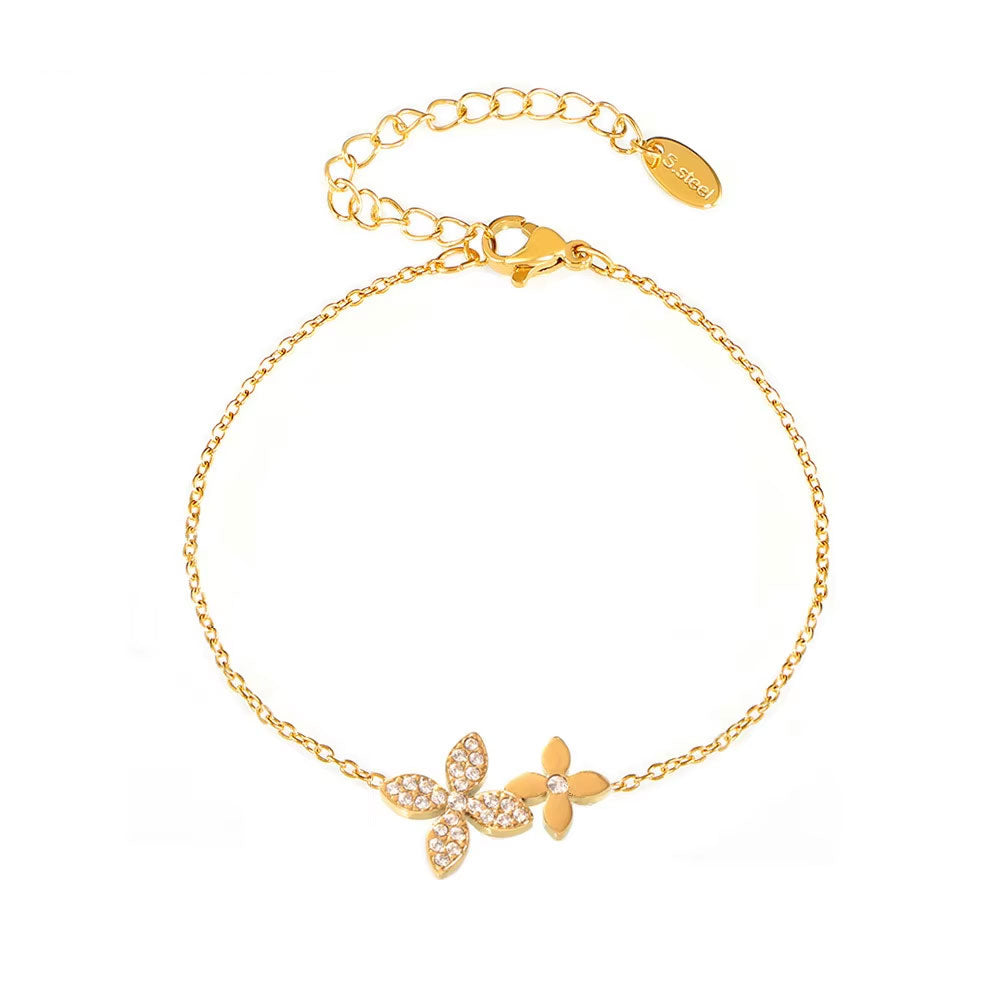 Custom Lucky Flower PVD Gold 316l Stainless Steel Chain Tarnish Free Zirconia Jewelry Pendant Bracelet Necklace Sets for Women
