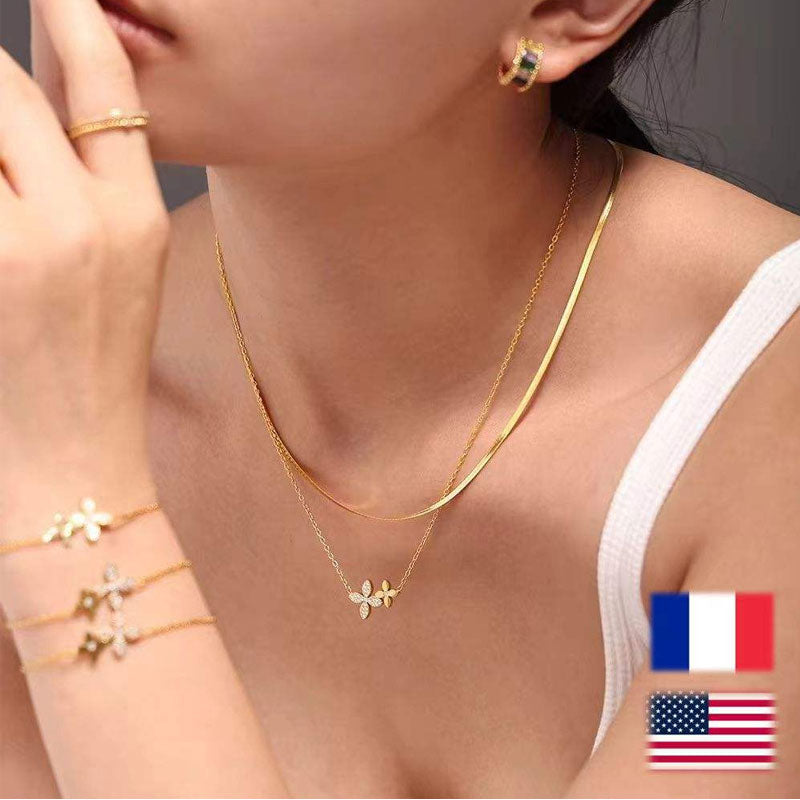 Custom Lucky Flower PVD Gold 316l Stainless Steel Chain Tarnish Free Zirconia Jewelry Pendant Bracelet Necklace Sets for Women