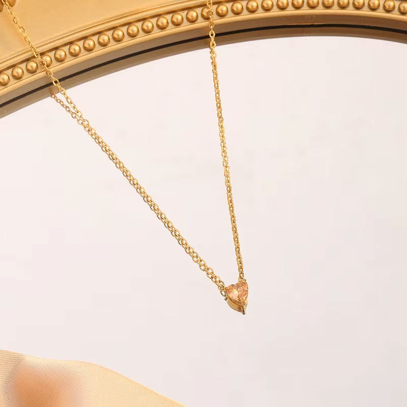 China Manufacturer's Custom Stainless Steel Heart Birthstone Necklace Non-Tarnish PVD Gold Plated Trendy Beads Chains
