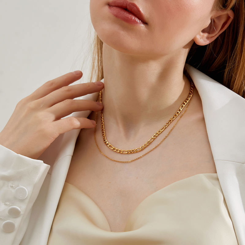 Minimalist Double Layer 18K Gold Stainless Steel Plated Figaro Chain Cuban Rose Pattern Stacked Necklace Stone Silver Packed Bag