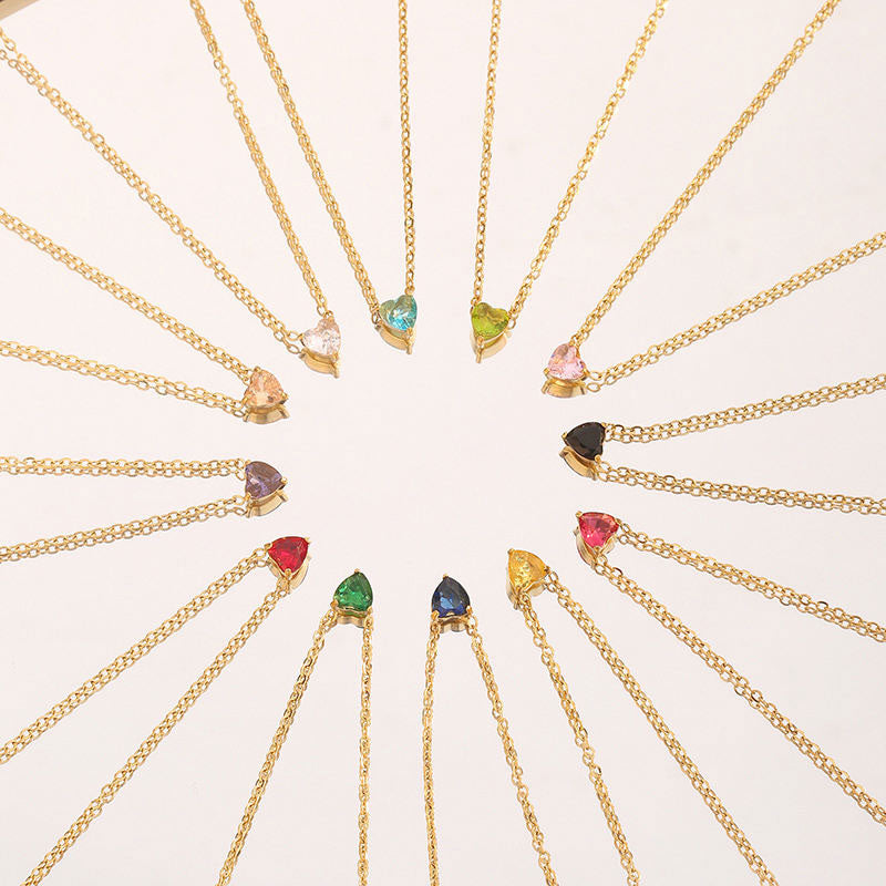 China Manufacturer's Custom Stainless Steel Heart Birthstone Necklace Non-Tarnish PVD Gold Plated Trendy Beads Chains