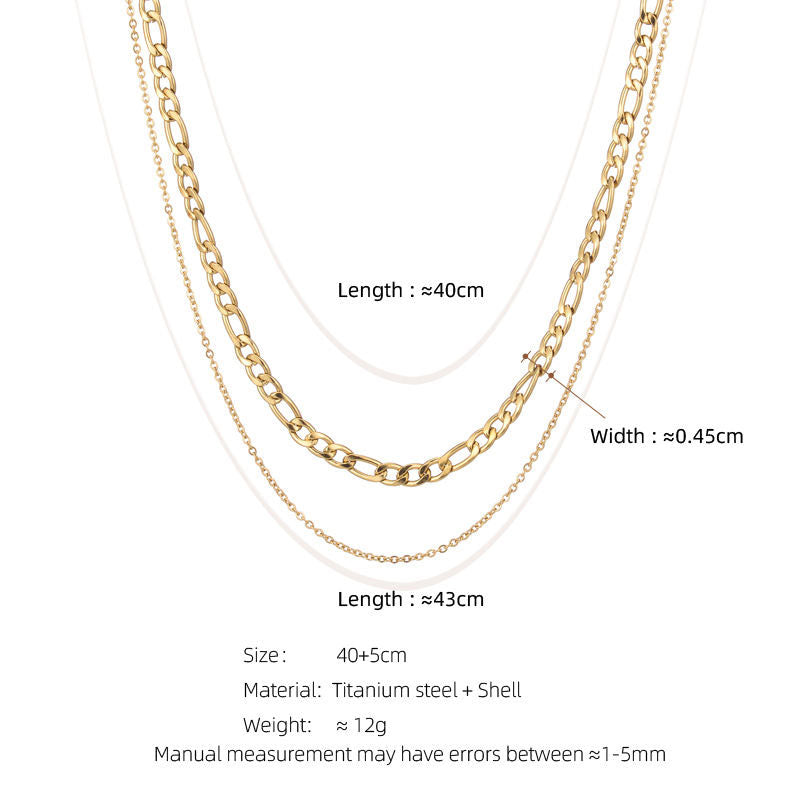 Minimalist Double Layer 18K Gold Stainless Steel Plated Figaro Chain Cuban Rose Pattern Stacked Necklace Stone Silver Packed Bag