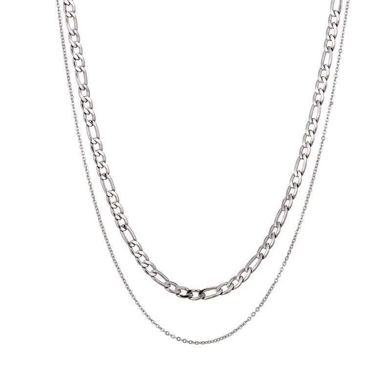 Minimalist Double Layer 18K Gold Stainless Steel Plated Figaro Chain Cuban Rose Pattern Stacked Necklace Stone Silver Packed Bag