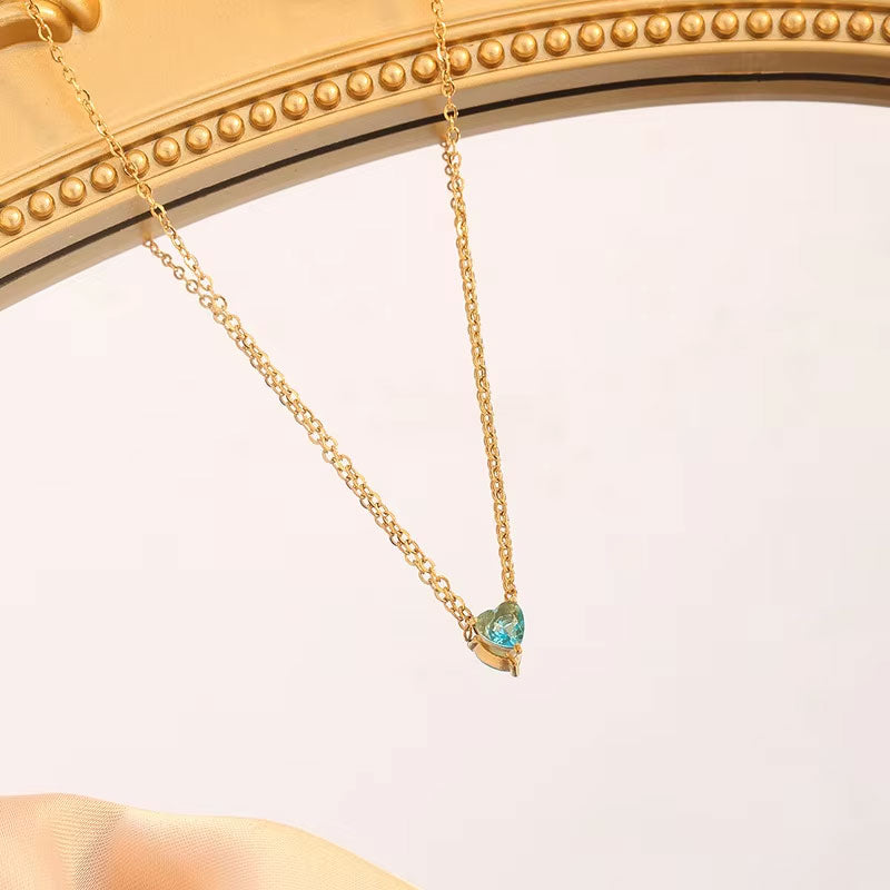 China Manufacturer's Custom Stainless Steel Heart Birthstone Necklace Non-Tarnish PVD Gold Plated Trendy Beads Chains