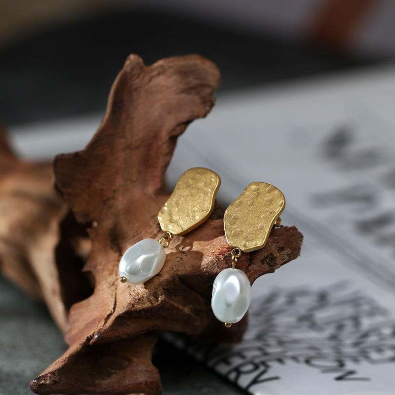 2025 New Design Wholesale Waterproof Stainless Steel PVD 18K Gold Plated Drop Baroque Pearl Earrings