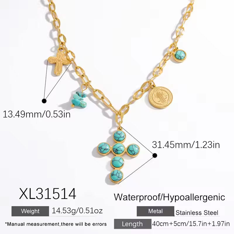 Anti Tarnish 18K Solid Gold Pearl Stainless Stain Cross Pendant Necklace Catholic Religious Items Products for Women Girls