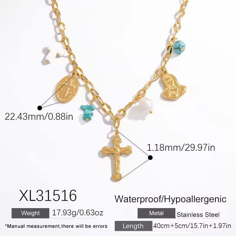 Anti Tarnish 18K Solid Gold Pearl Stainless Stain Cross Pendant Necklace Catholic Religious Items Products for Women Girls