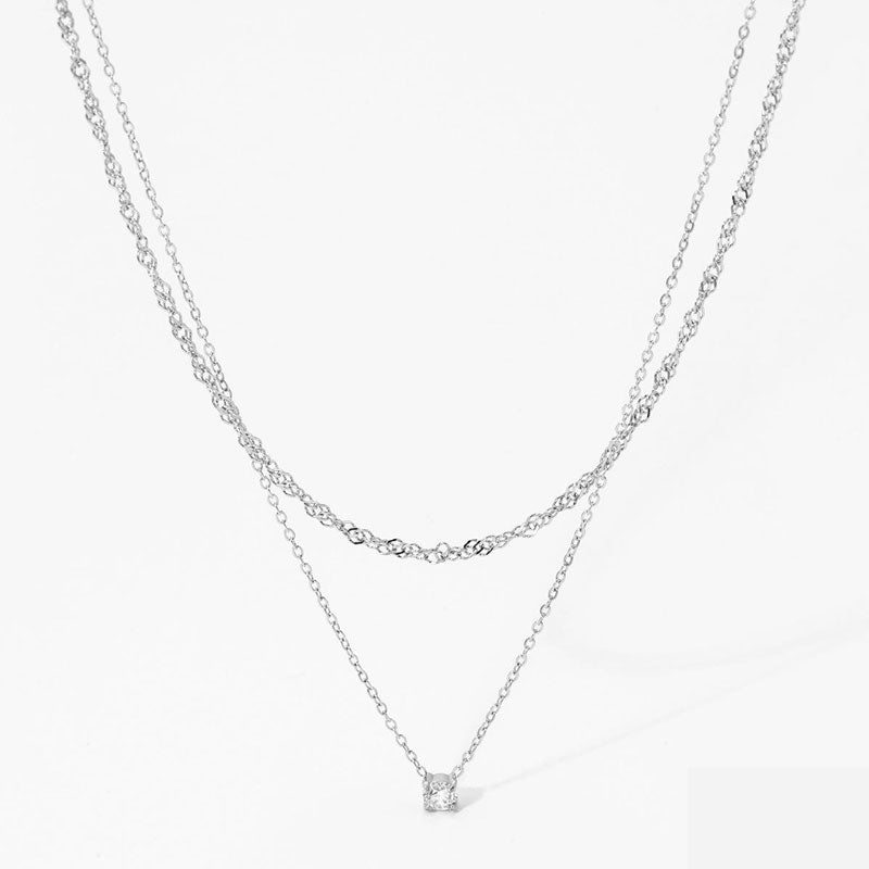 Elegant Double-Layer Zircon Pendant Necklace for Women Stainless Steel Electroplated with Trendy Style Preserving Color