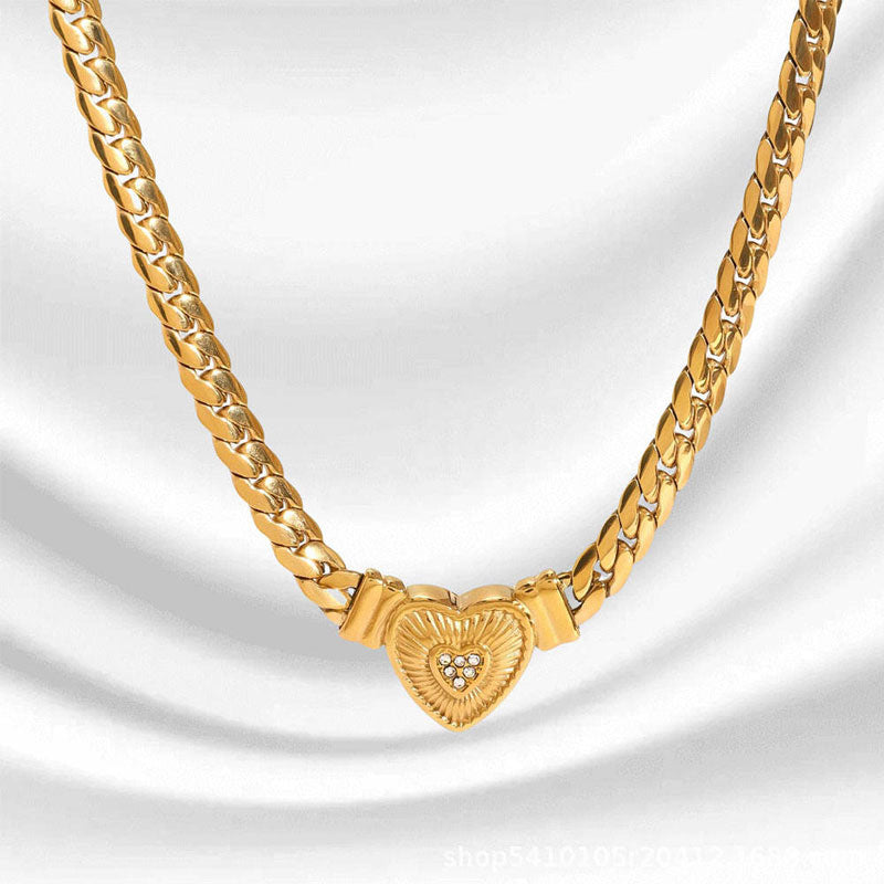 Hyperbole Anti Tarnish Gold Jewelry Necklace 24k Dubai Stainless Steel Heart Zircon Necklace for Women Men Girls