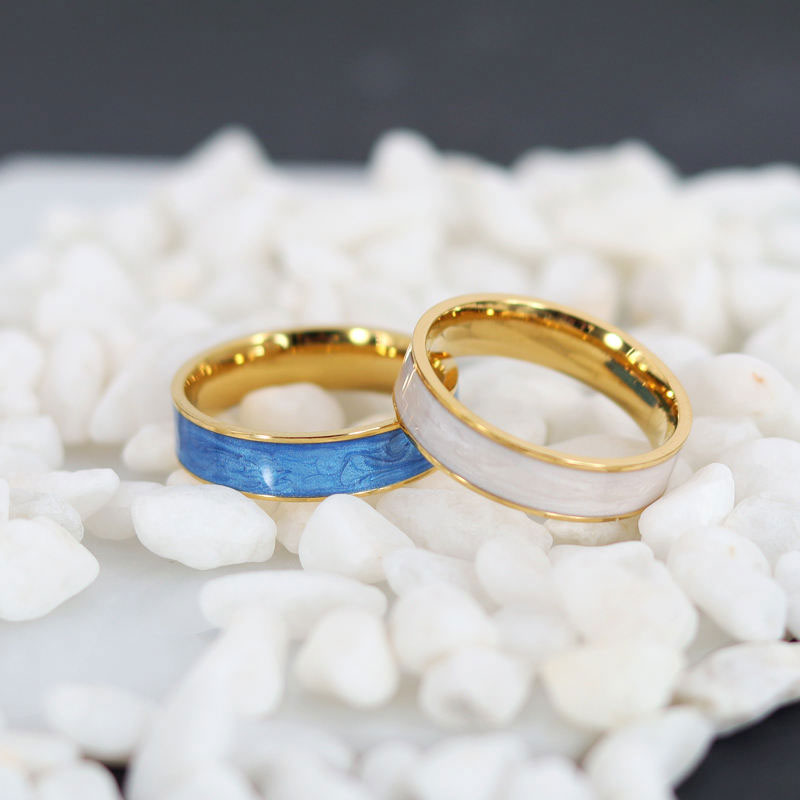 18K Gold Plated Simple Elegant Blue White Oil Drop Painted Stainless Steel Index Finger Ring Trendy Wedding Engagement Ring for women