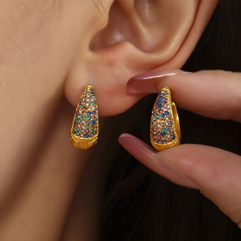 Hot Selling Lava Hammered Colorful Zircon Earrings 18K Stainless Steel Gold Plated Chunky Hoop Earrings