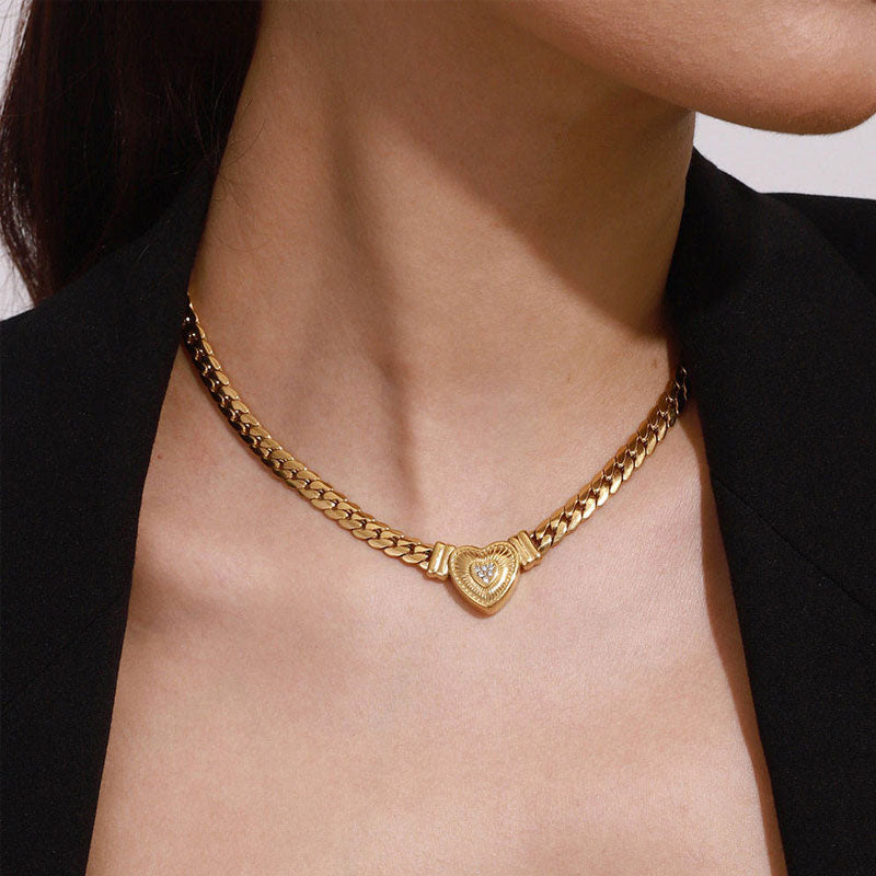 Hyperbole Anti Tarnish Gold Jewelry Necklace 24k Dubai Stainless Steel Heart Zircon Necklace for Women Men Girls
