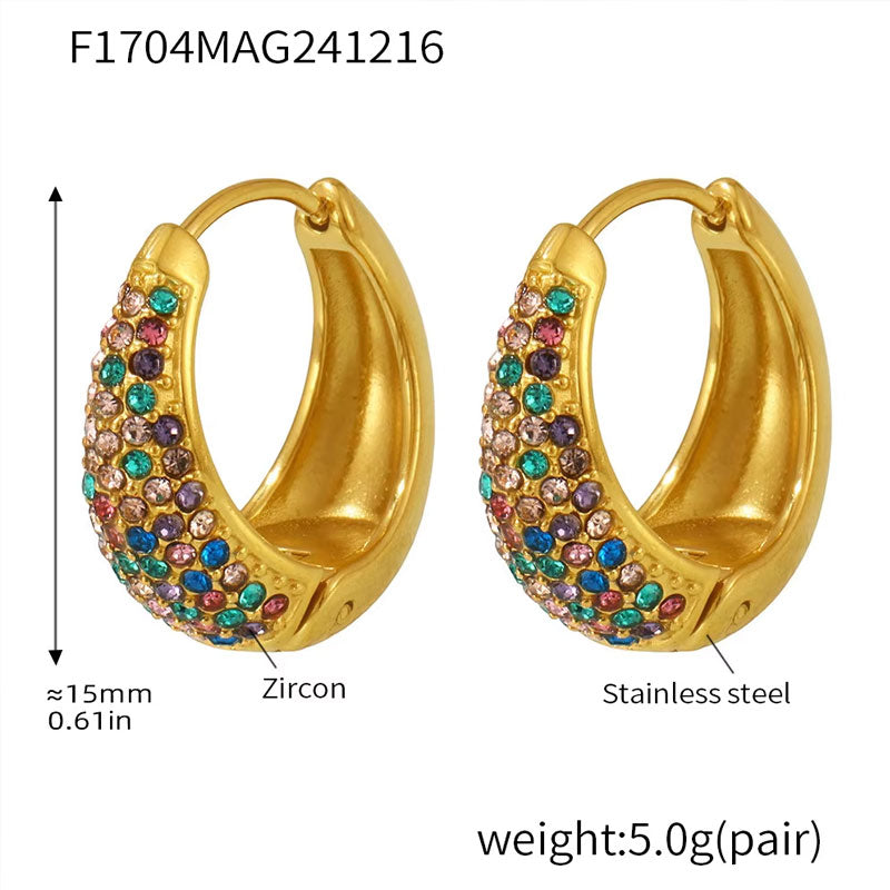 Hot Selling Lava Hammered Colorful Zircon Earrings 18K Stainless Steel Gold Plated Chunky Hoop Earrings