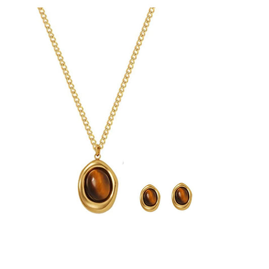 Natural Tiger Eye Stone Coffee Bean Murad Style Fashion Collar Chain Necklace Earrings Set Stainless Steel Custom Necklace