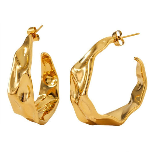 Classic Gold Plated Stainless Steel Wide Stud Earrings Irregular Crumpled Polished Curved Molten C Hoop Design