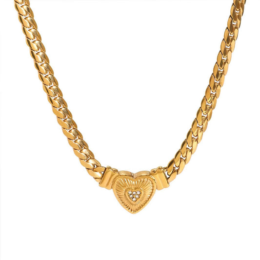 Hyperbole Anti Tarnish Gold Jewelry Necklace 24k Dubai Stainless Steel Heart Zircon Necklace for Women Men Girls