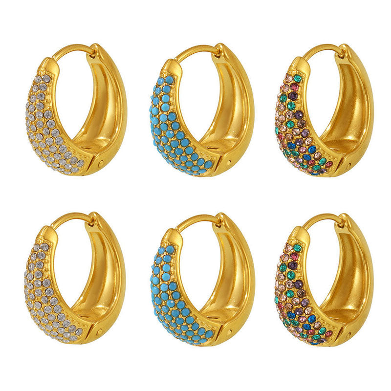 Hot Selling Lava Hammered Colorful Zircon Earrings 18K Stainless Steel Gold Plated Chunky Hoop Earrings