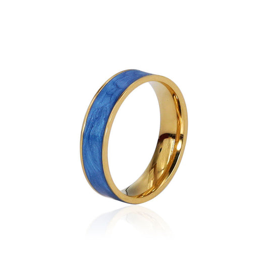 18K Gold Plated Simple Elegant Blue White Oil Drop Painted Stainless Steel Index Finger Ring Trendy Wedding Engagement Ring for women