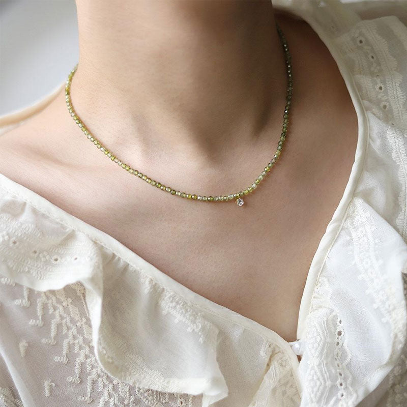 Olive Green Handmade Beaded Shiny Pendant Necklace Stainless Steel Jewelry Women Natural Stone Green Zircon Adjustable Necklace