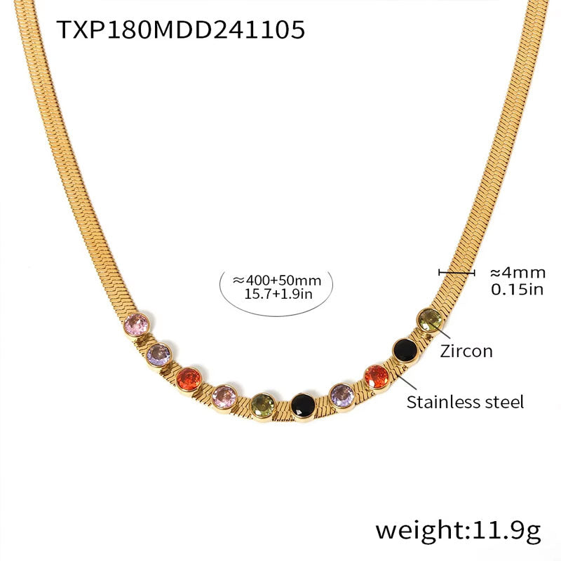 Luxury Lady Colorful Cubic Zirconia 4MM Snake Blade Chain Choker Necklace Bracelet Sets Stainless Steel Gold Plated Jewelry Set