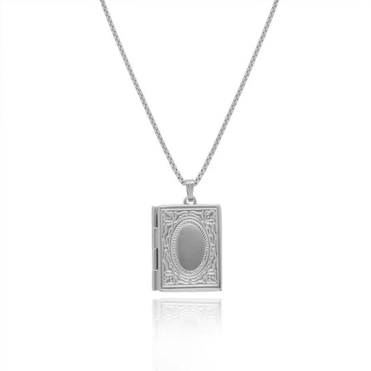 Antique Design Stainless Steel Pendant Spellbook Tarnish-Free Collection Box Photo Holder Trendy Necklaces for Anniversary