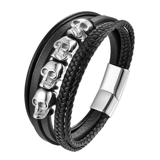 High Quality Wholesale 316L Stainless Steel Custom Fashion Skull Beads Charm Men Leather Bracelet