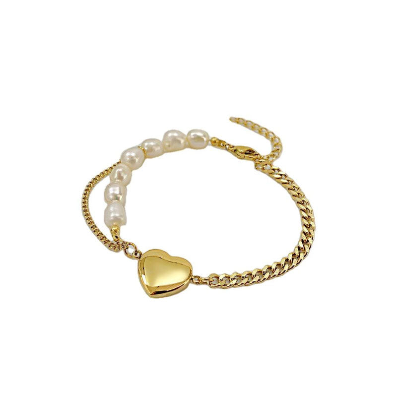 Fashion Women 18k Gold Plated Pearl Bracelet Stainless Steel Love Heart Charm Pendant Bracelet for Valentine's Day