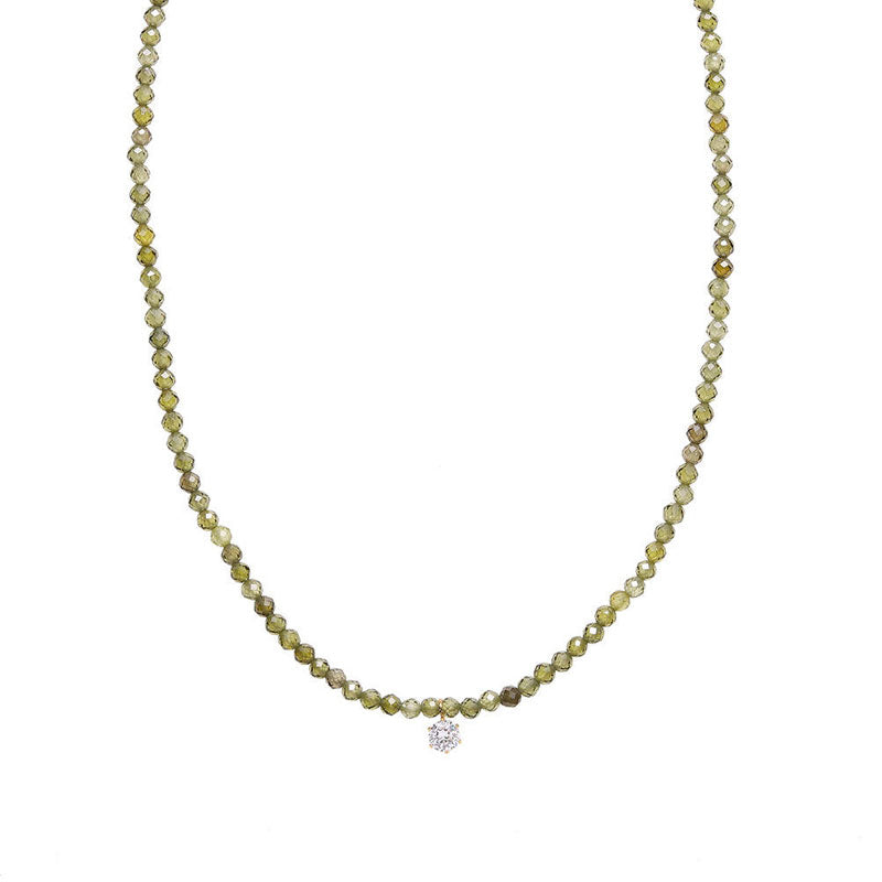 Olive Green Handmade Beaded Shiny Pendant Necklace Stainless Steel Jewelry Women Natural Stone Green Zircon Adjustable Necklace