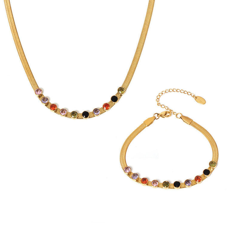 Luxury Lady Colorful Cubic Zirconia 4MM Snake Blade Chain Choker Necklace Bracelet Sets Stainless Steel Gold Plated Jewelry Set