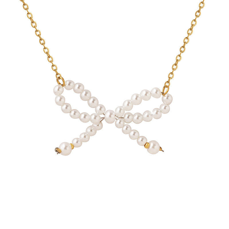 Wholesale 18K Gold Plated Ins Stainless Steel Bow Knot Necklace for Women Romantic Style Waterproof and Hypoallergenic