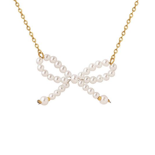 Wholesale 18K Gold Plated Ins Stainless Steel Bow Knot Necklace for Women Romantic Style Waterproof and Hypoallergenic