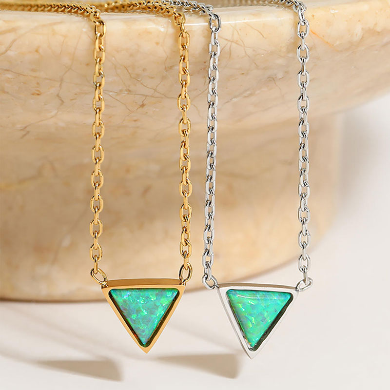 2025 Fashion 18K Gold Plated Stainless Steel Dainty Australian Triangle Natural Opal Necklace for Women